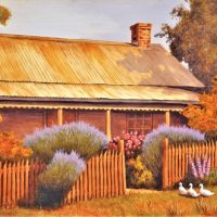Framed-LES-YOUNGActive-c198090s-oil-on-board-rural-house-with-garden-and-ducks-in-the-foreground-Signed-bottom-right-Approx-335-x-49cm-Sold-for-43-2019