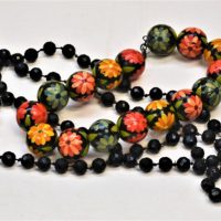 2-x-vintage-necklaces-very-long-strand-knotted-jet-beads-large-hand-painted-floral-wooden-beads-Sold-for-31-2019