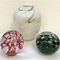 3-x-Pieces-ART-Glass-Vase-signed-to-base-but-illegible-2-x-paper-weights-w-Bubbled-inclusions-Sold-for-43-2019