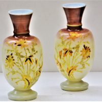Pair-of-Victorian-glass-mantle-vases-with-applied-floral-enamel-decoration-pale-yellow-ground-approx-305-cm-H-Sold-for-37-2019