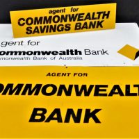 Small-lot-Commonwealth-Bank-metal-signs-and-moulded-counter-top-sign-Agent-for-Commonwealth-Bank-signs-Tin-1-x-yellow-black-1-x-white-yellow-black-Sold-for-62-2019