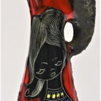 1950s-Retro-stylized-Jug-earthy-lava-sections-with-hpainted-and-sgraffito-girl-portrait-on-red-ground-blue-interior-marked-Italy-33xcms-H-Sold-for-93-2019