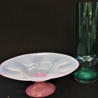 2-x-Pieces-ART-GLASS-Blue-Scandinavian-Vase-w-Bulbous-base-unsigned-Australian-Comport-w-Vaseline-Bowl-Pink-foot-Sold-for-37-2019