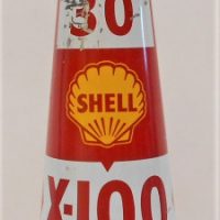 Vintage-SHELL-X-100-MOTOR-OIL-bottle-metal-bottle-pourer-with-original-cap-Sold-for-186-2019