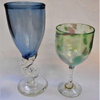 2-x-Australian-ART-GLASS-Goblets-MEG-CASLAKE-signed-w-Clear-Scrolly-base-Blue-top-another-unsigned-Sold-for-27-2019