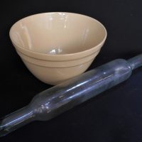 2-x-Pieces-Vintage-Kitchenalia-old-HOFFMAN-Australia-Pottery-Large-sized-Mixing-Bowl-Glass-Rolling-Pin-w-cork-end-Sold-for-25-2019