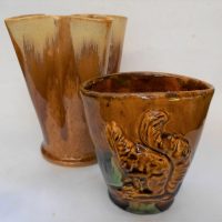 2-x-Pieces-c1930s-Australian-Pottery-small-unmarked-vase-w-applied-SQUIRREL-NUT-to-front-Remued-Vase-shape-number-25-Sold-for-93-2019