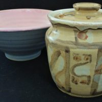 2-x-vintage-Australian-Pottery-items-inc-Reg-Preston-lidded-jar-with-pale-earth-toned-glazes-and-panelled-abstract-decoration-signed-to-base-approx-Sold-for-31-2019
