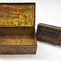 2-x-vintage-gilt-printed-tins-Pioneer-Brand-Golden-Flake-Cavendish-tobacco-Tin-Bryant-Mays-Safety-Match-box-cover-with-wooden-match-box-matche-Sold-for-37-2019