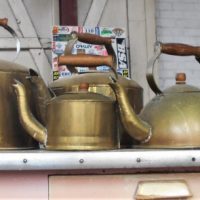 4-x-Brass-KETTLES-with-Wooden-Handles-varying-sizes-Largest-35cm-H-48cm-W-Sold-for-106-2019