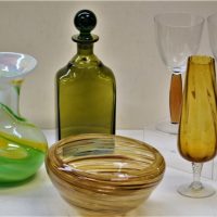 Group-Lot-Art-Glass-incl-Green-Glass-decanter-Brown-Cream-Swirl-Bowl-Yellow-White-and-Green-Swirl-Flared-Vase-Sold-for-31-2019