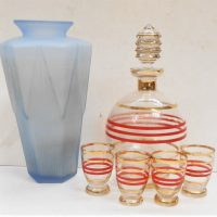 Group-lot-ART-DECO-Glassware-Blue-Frosted-Vase-Ball-shaped-Decanter-set-w-stepped-stopper-base-Sold-for-37-2019