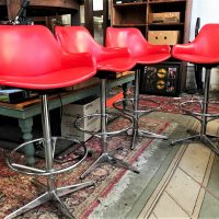 Set-of-4-vintage-retro-swivel-bar-stools-Chromed-legs-and-foot-rests-with-red-vinyl-upholstery-damage-sighted-Sold-for-43-2019