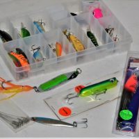 Small-box-lot-fishing-lures-inc-Popper-plugs-and-monster-poppers-still-in-sealed-packets-Sold-for-56-2019