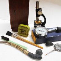 Small-lot-vintage-mixed-gear-inc-ESL-Microscope-with-timber-box-tobacco-pipe-BUDD-pressure-gauge-etc-Sold-for-50-2019