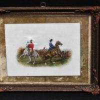 3-x-Late-1800s-Framed-Photogravures-on-porcelain-tiles-Coloured-Hunting-scenes-with-hand-painted-highlights-Sold-for-81-2019