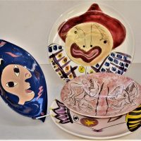 4-x-Pieces-Modern-Australian-Pottery-2-x-Large-Chargers-Bowls-w-colourful-HPainted-Modernist-designs-incl-THE-FARMER-Nudes-etc-all-signed-DO-Sold-for-35-2019