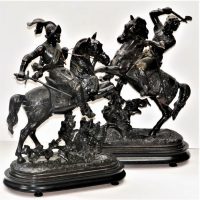 Pair-large-c1890-French-Spelter-statues-Warriors-sparring-on-horseback-set-on-wooden-plynth-approx-42cm-H-Sold-for-422-2019