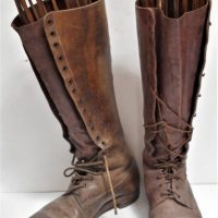 Pair-of-vintage-ca-1920s-leather-knee-high-boots-with-wooden-heels-and-cane-shoe-forms-Purported-to-be-from-7-Creeks-Homestead-Euroa-Sold-for-75-2019