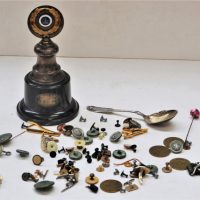 Small-lot-vintage-items-inc-enamelled-badges-bag-of-hat-pins-studs-buttons-AND-trophy-MCCES-Quoits-Sold-for-25-2019