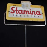 Vintage-timber-and-metal-instore-advertising-sign-ASK-FOR-STAMINA-TROUSERS-Sold-for-37-2019
