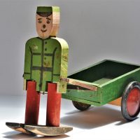 1930s-Depression-TOY-WALKING-Timber-PORTER-LUGGAGE-CART-Hand-painted-Tin-Wheels-31cm-H-41cm-L-Sold-for-75-2019