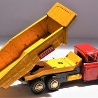 1960s-pressed-tin-toy-tipper-truck-HS-Toys-Japan-Red-truck-with-yellow-tipper-component-WESTERN-badge-applied-Approx-38cml-Sold-for-50-2019