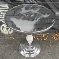 Chrome-Deco-Side-Table-w-Mirrored-Top-Frosted-Image-of-Leaping-deer-Sold-for-50-2019