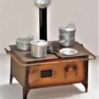 Early-1900s-Continental-poss-German-tin-toy-cooking-stove-complete-with-burner-chimney-stack-aluminium-pots-and-pans-etc-Sold-for-112-2019
