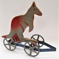 Vintage-pull-along-Kangaroo-hopping-Toy-metal-base-with-spoke-wheels-wooden-kangaroo-25cms-L-Sold-for-68-2019