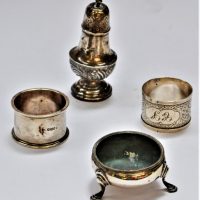 4-x-pces-hallmarked-Sterling-silver-salt-pot-London-1769-2-x-napkin-rings-Bham-1900-Sfield-1923-pepper-pot-Bham-1904-Sold-for-93-2019