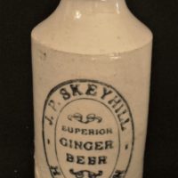 Vintage-stone-Ginger-beer-bottle-J-P-Skeyhill-HAMILTON-Superior-Ginger-Beer-Pinnacle-Brand-stamped-at-bottom-Blue-glazed-neck-Sold-for-87-2019