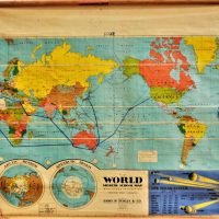 1950s-WORLD-School-MAP-Canvas-Original-Timber-Rolls-100cm-L-Sold-for-68-2019