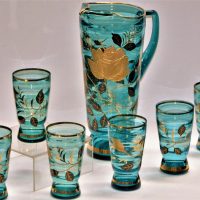 Czechoslovakian-BOHEMIAN-Blue-Glass-Drinks-Set-Gold-and-Black-floral-detail-and-banding-with-labels-Sold-for-37-2019