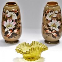 Group-Lot-Victorian-GLASS-incl-Pair-Taupe-Vases-with-Floral-hand-painted-detail-22cm-H-Hand-Blown-Green-Glass-Ruffled-edge-bowl-8cm-H-Sold-for-50-2019