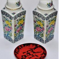 Group-lot-Japanese-Items-Pair-c1980s-Japanese-Lidded-Urn-Vases-Red-Black-Cinabar-Cabinet-plate-Export-Ware-Vase-etc-Sold-for-43-2019