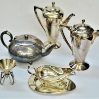 Group-lot-Vintage-EPNS-items-inc-conical-sugar-bowl-with-spoon-2-x-coffee-pots-Crusader-and-Unicorn-Imperial-tea-pot-and-Hecwoth-gravy-boat-Sold-for-37-2019