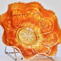 Marigold-Carnival-Glass-Bowl-Vaseline-Ruffled-Rim-edge-with-raised-peacock-and-Grape-detail-approx-22cm-D-Sold-for-37-2019