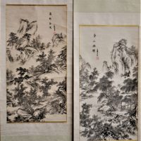 Pair-Large-HPainted-Oriental-SCROLLS-both-featuring-Figures-in-Mountain-Landscapes-character-marks-upper-left-right-both-approx-2-meters-Long-Sold-for-137-2019