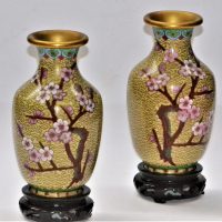 Pair-of-vintage-Chinese-Jingfa-Cloisonn-vases-with-blossom-image-both-on-wooden-stands-paper-label-to-base-approx-15cm-H-Sold-for-37-2019