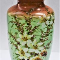 Victorian-Glass-Vase-with-hand-painted-floral-detail-Pale-Green-Tan-tone-32cm-H-Sold-for-43-2019