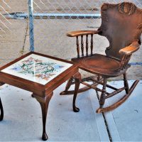 c1900s-Rocking-Chair-with-ornate-carving-Studs-and-Queen-Anne-Coffee-Table-with-Linen-embroidered-insert-under-glass-Sold-for-68-2019
