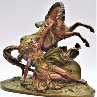 Circa-1900-Bronze-patinated-French-Spelter-female-warrior-figure-with-her-steed-foundry-marks-sighted-Fabrication-Francaise-Paris-approx-28cm-H-Sold-for-99-2020