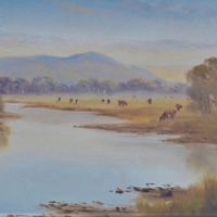 Framed-c1900-Australian-School-Oil-Painting-RIVER-Scene-w-CATTLE-Grazing-Signed-w-Initials-lower-right-23x61cm-Sold-for-68-2020