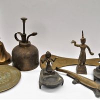 Group-Lot-of-Brass-items-incl-Crocodile-Nut-Cracker-Ash-Trays-with-Egyptian-Figural-Small-Oil-Can-Bell-etc-Sold-for-35-2020
