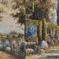 Pair-Framed-ARTHUR-R-WARD-1900-1964-Watercolours-heightened-with-Gouache-IDYLLIC-English-Country-Cottage-Scenes-with-SPRING-FLOWERS-both-signe-Sold-for-62-2020