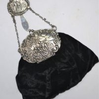 c1904-ornate-Sterling-silver-black-velvet-chatelaine-Evening-purse-with-large-oval-silver-embossed-clasp-featuring-courting-couple-scene-mirror-on-Sold-for-143-2020