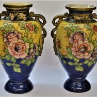 Pair-c1910-tube-lined-floral-decorated-earthenware-Vases-blue-ground-scroll-handles-approx-30cms-H-marked-Japan-Sold-for-68-2019