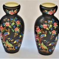 Pair-of-Crown-Devon-Fieldlings-1920s-Art-Deco-mantle-vases-Chelsea-pattern-black-ground-with-Oriental-style-with-gilt-detailing-bird-in-floral-br-Sold-for-68-2019