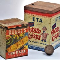 Small-lot-vintage-tins-inc-GUESTS-Tru-Bake-Crackers-with-paper-label-ETA-Crunchy-Fresh-Potato-Crisps-etc-Sold-for-68-2019